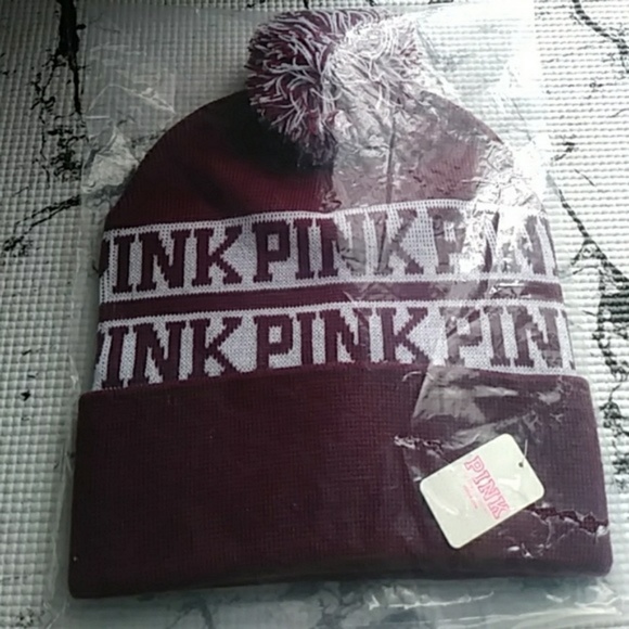 NWT VS Pink Pom Pom Maroon Beanie - Picture 5 of 5